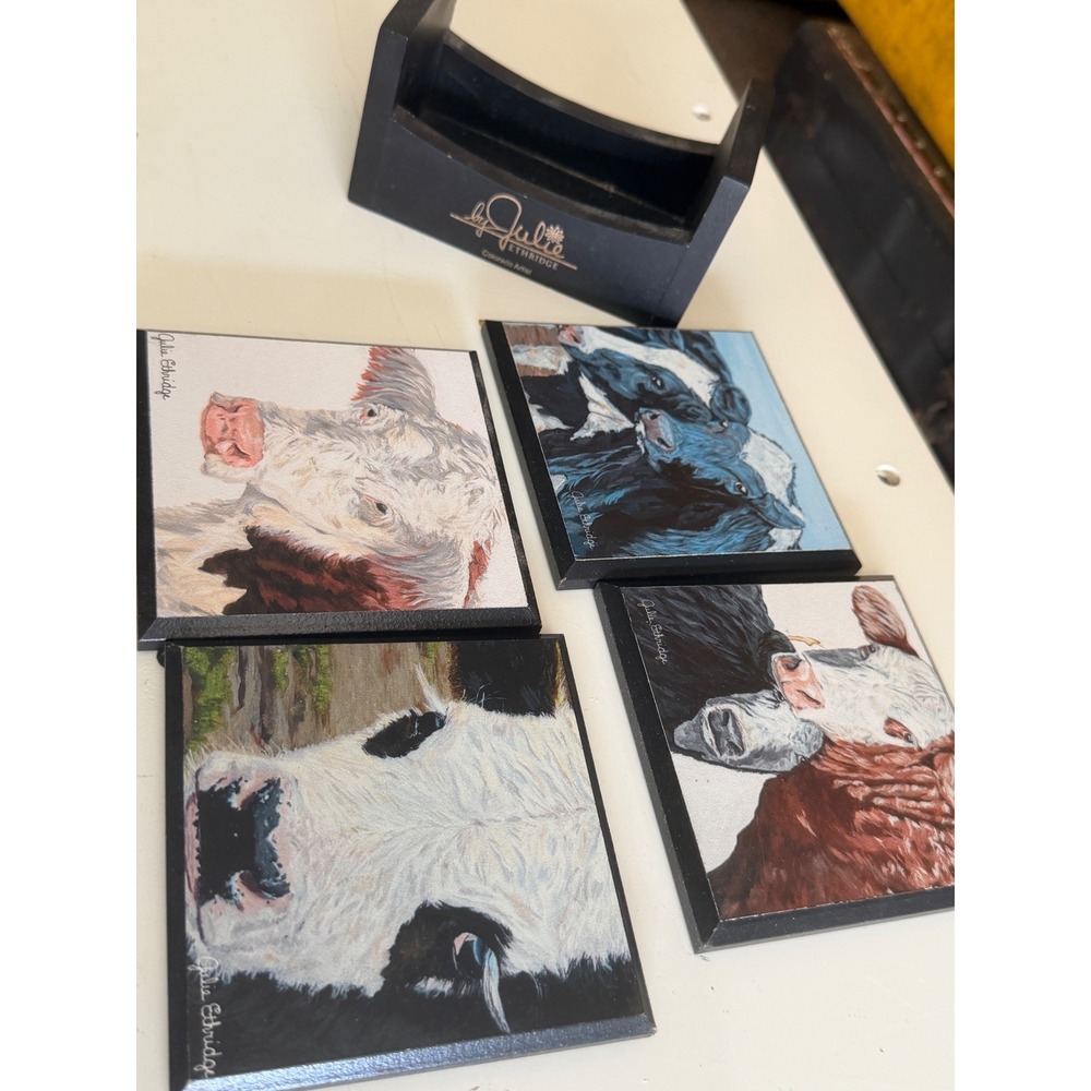 Julie Ethridge Colorado Artist Cow Coasters Set of 4 with Holder Farmhouse Decor